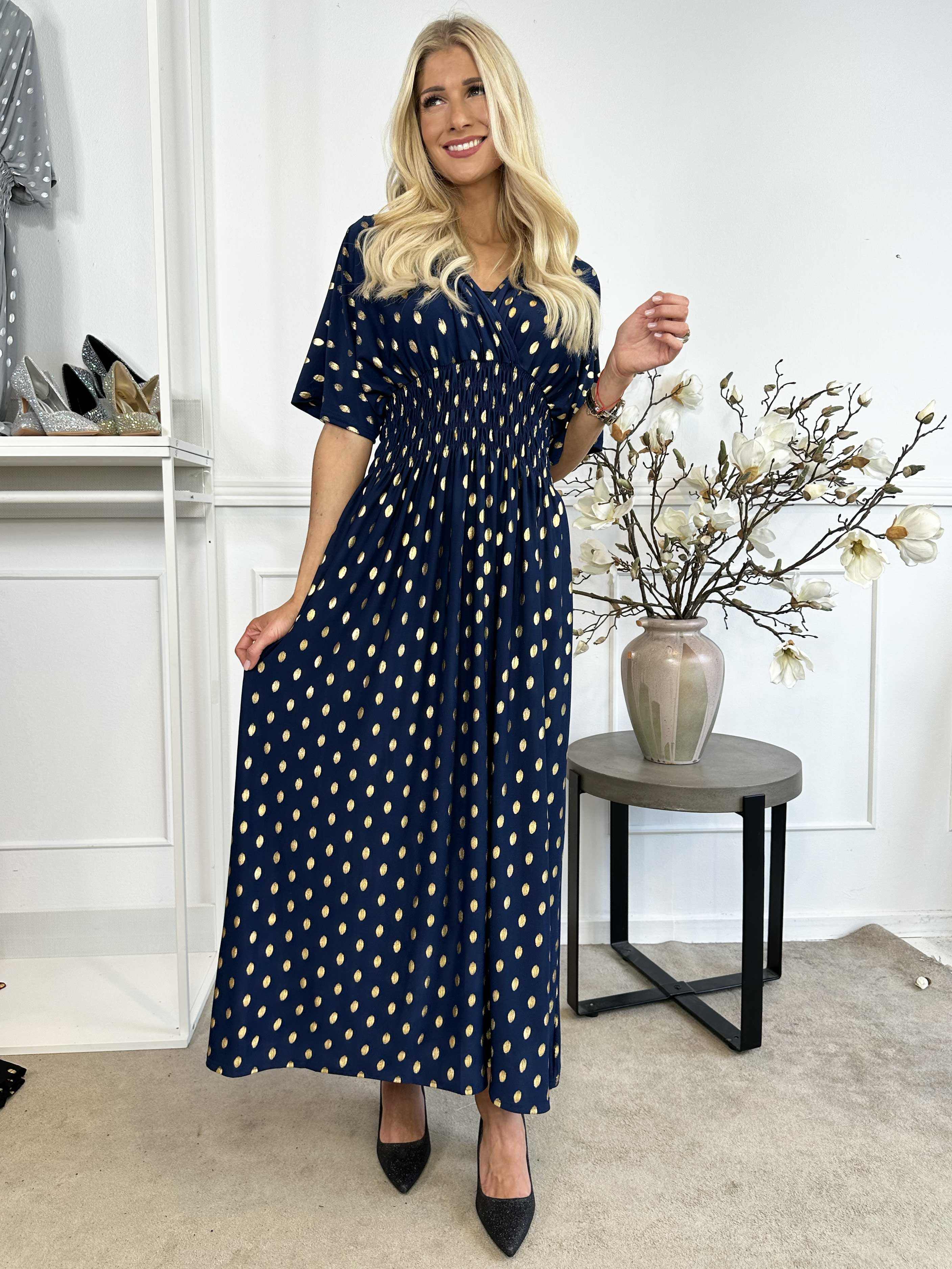 Pams Dot - Lang elastisk kjole med prikket detaljer